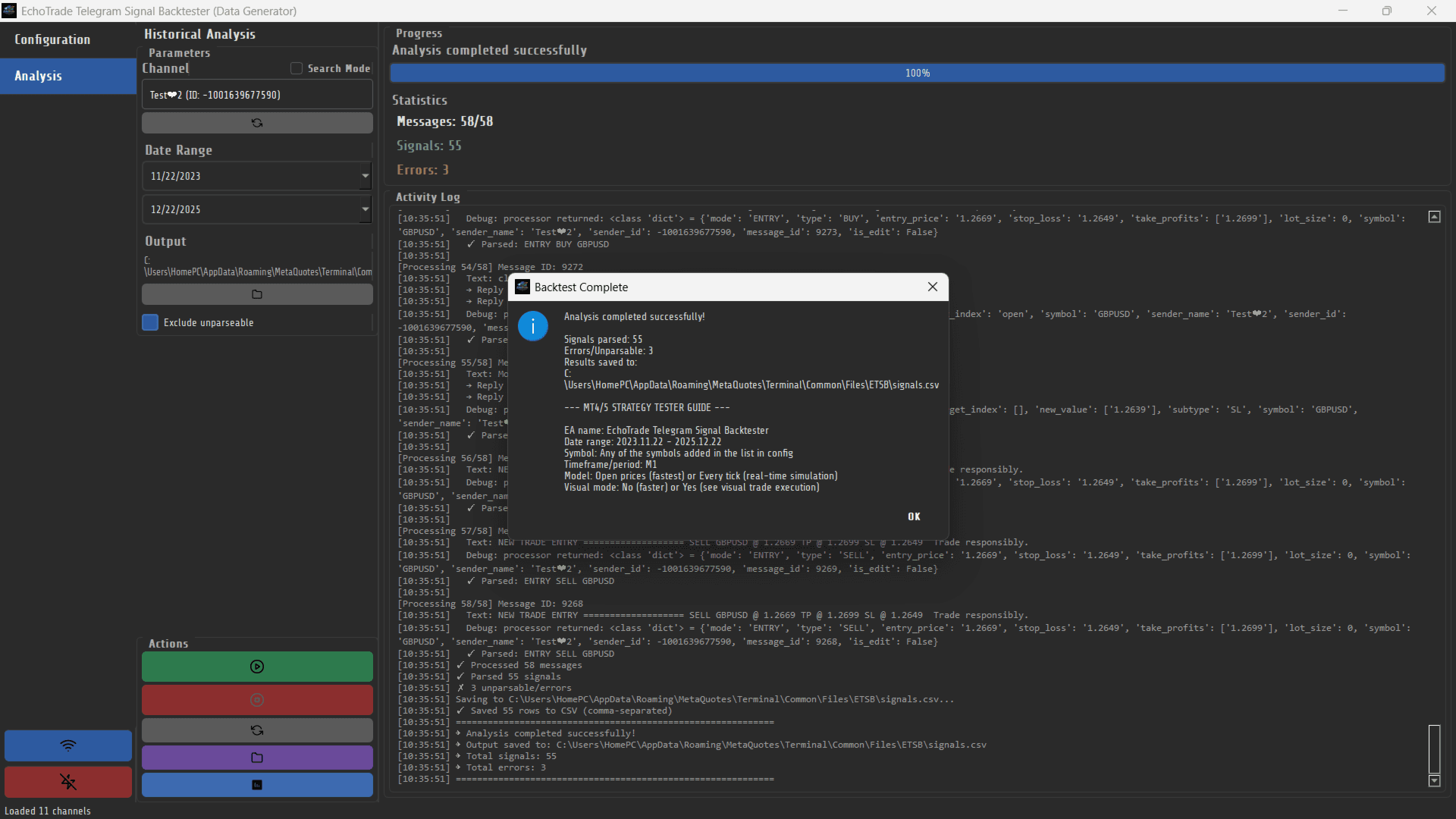 EchoTrade Telegram Signal Backtester screenshot 1